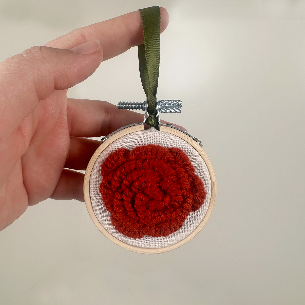 Embroidery Hoop Ornament Red Crocheted Flower | Dangit Design