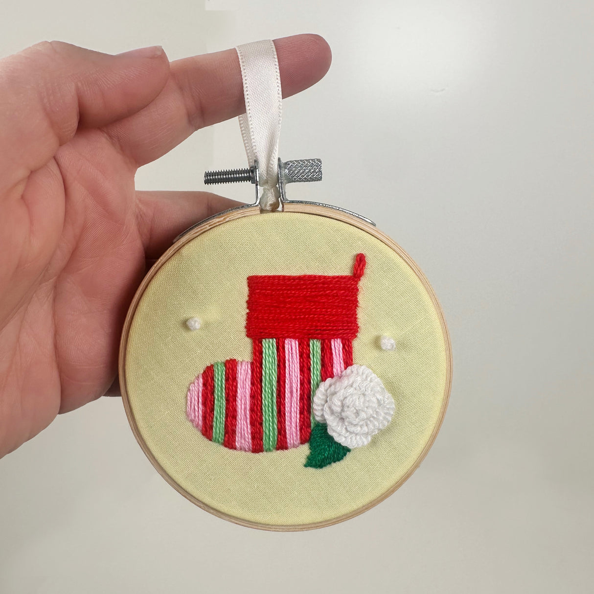 Embroidery Hoop Ornament with Embroidered Stocking- Green | Dangit Design
