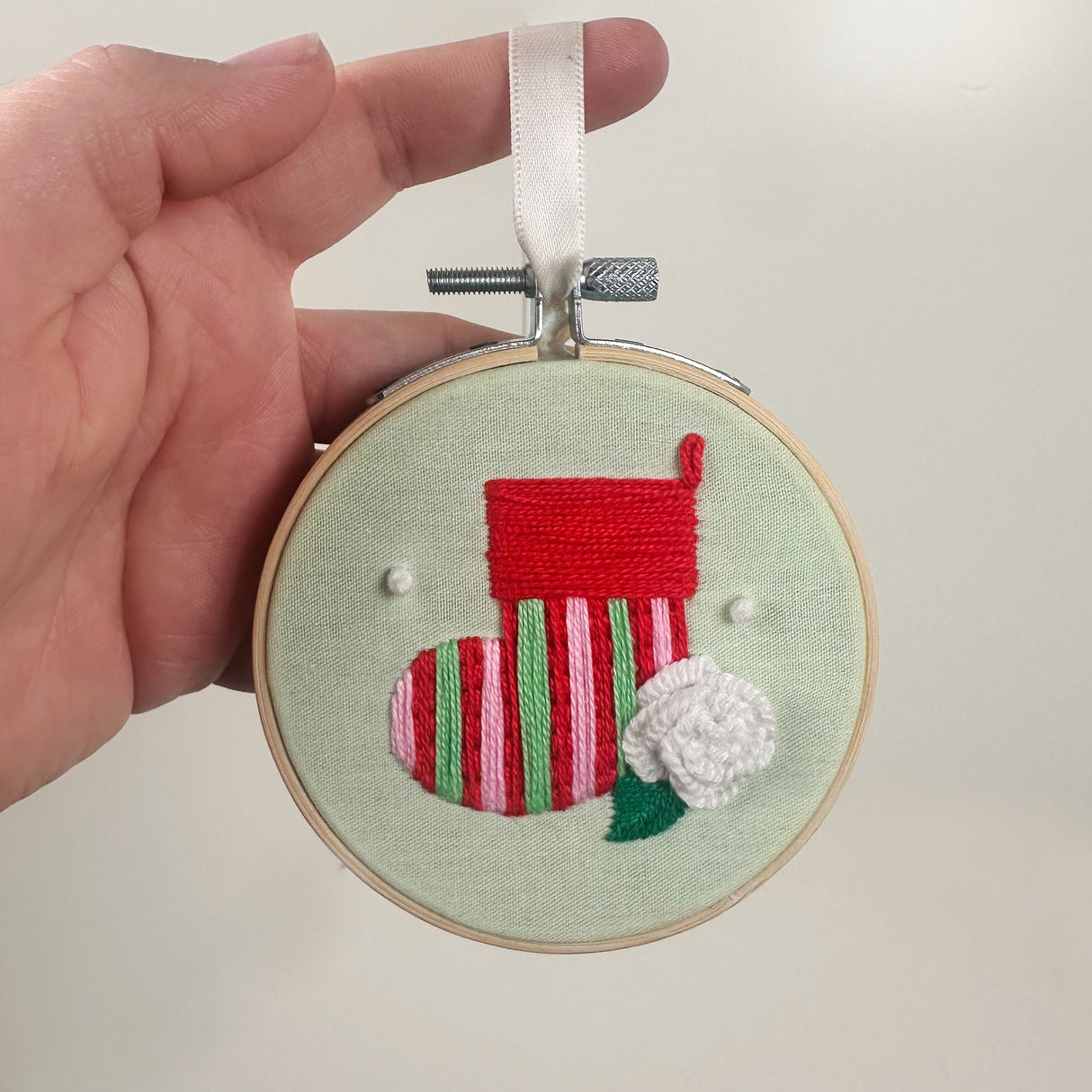 Embroidery Hoop Ornament with Embroidered Stocking- Mint | Dangit Design