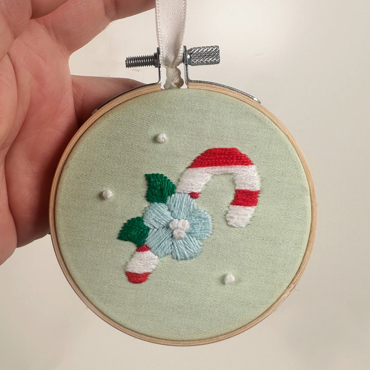 Embroidery Hoop Ornament with Embroidered Candy Cane- Green | Dangit Design