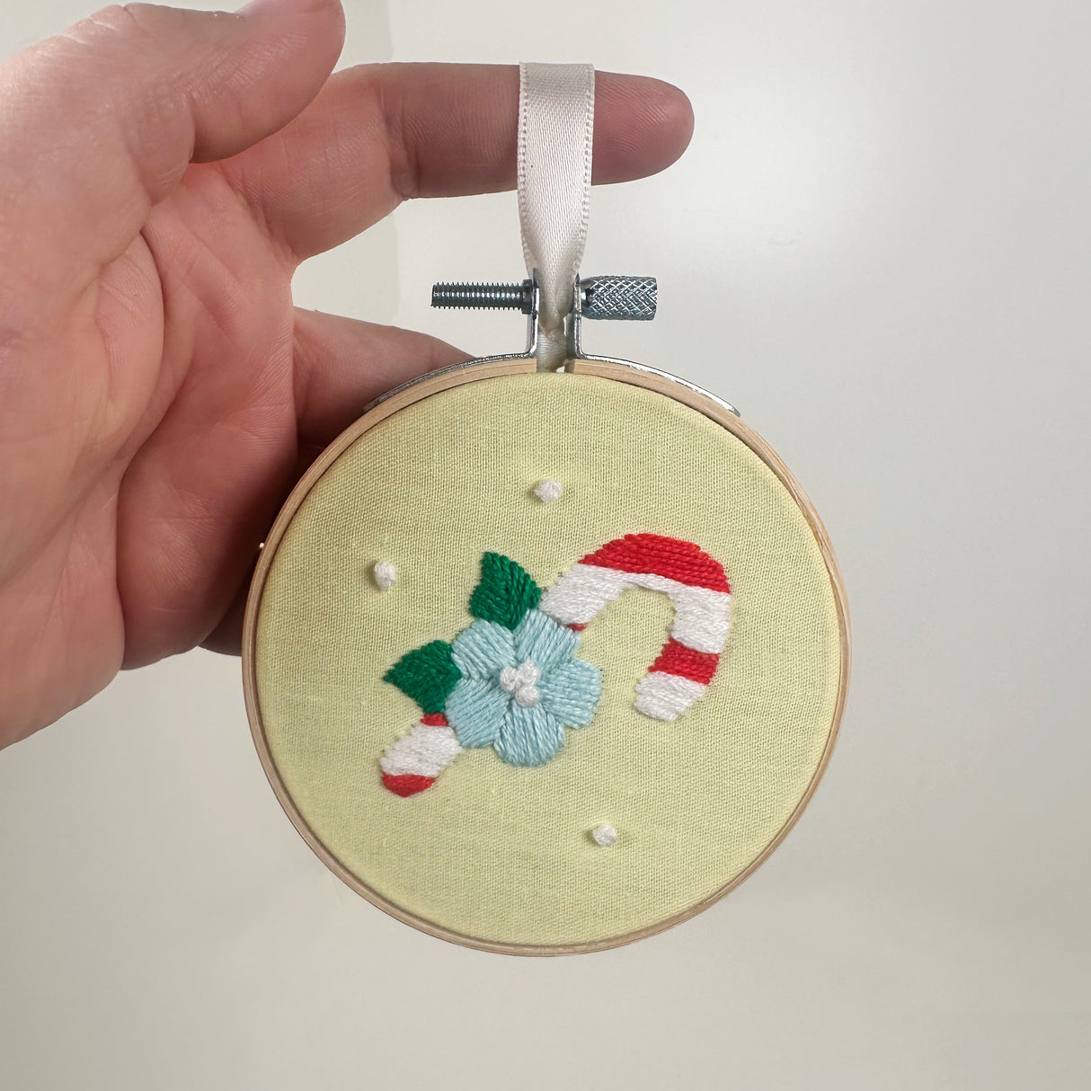 Embroidery Hoop Ornament with Embroidered Candy Cane- Mint | Dangit Design