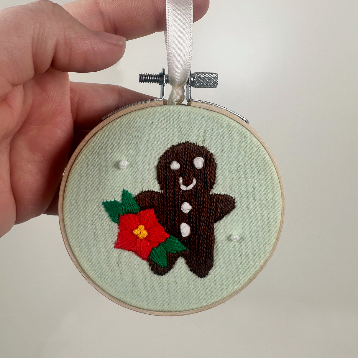 Embroidery Hoop Ornament with Embroidered Gingerbread Man- Mint | Dangit Design