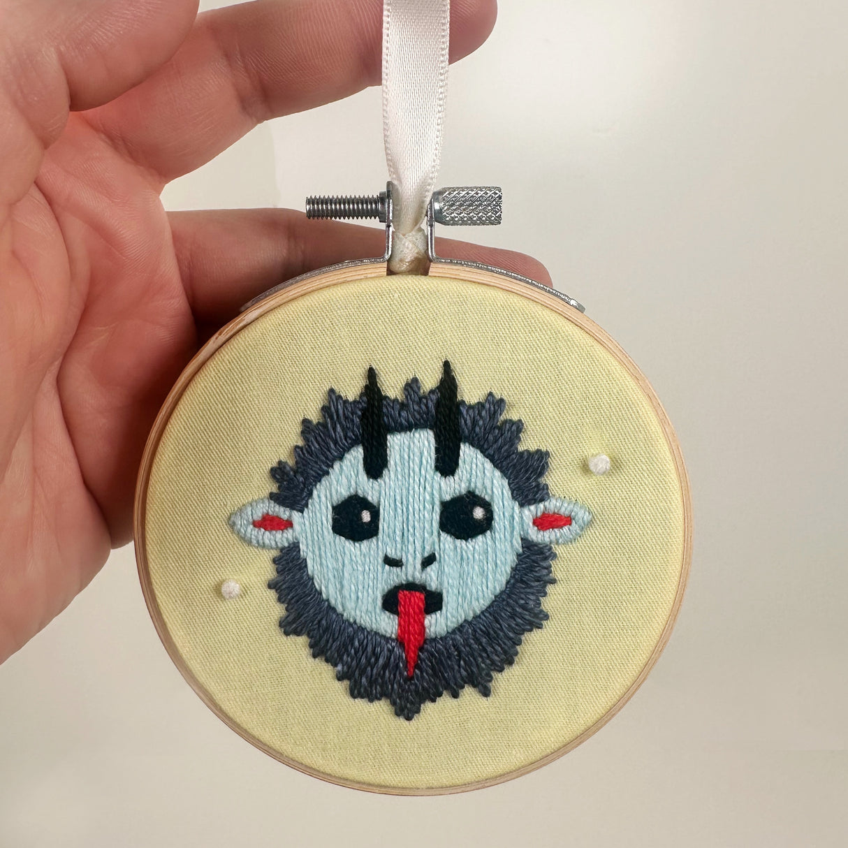 Embroidery Hoop Ornament with Embroidered Krampus- Green | Dangit Design
