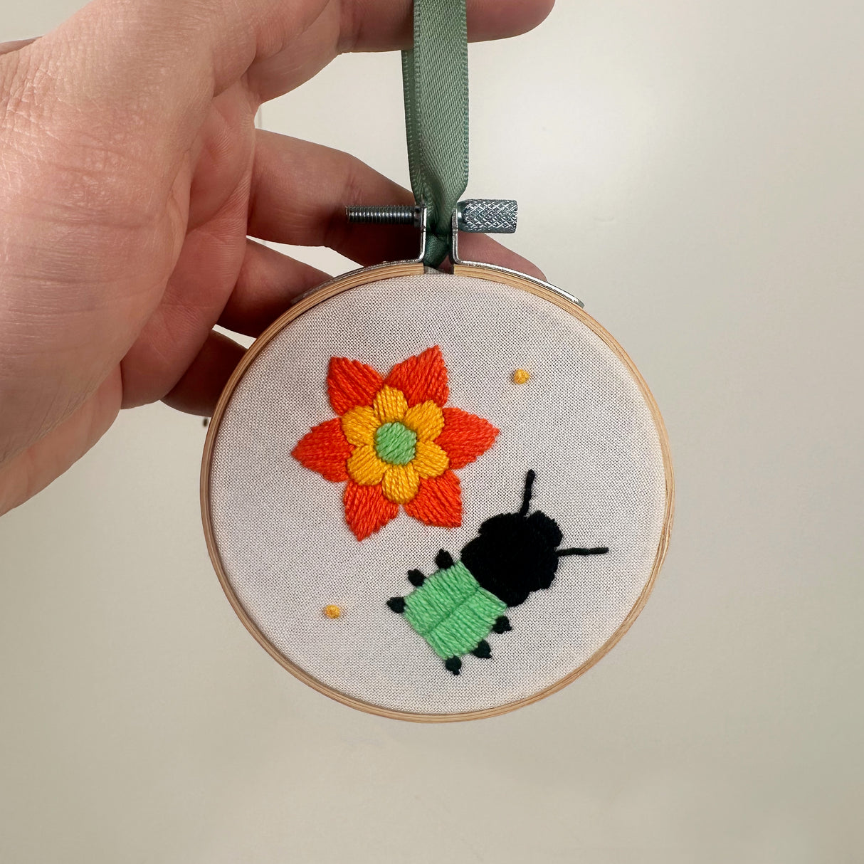 Embroidery Hoop Ornament with Green Beetle & Flower | Dangit Design