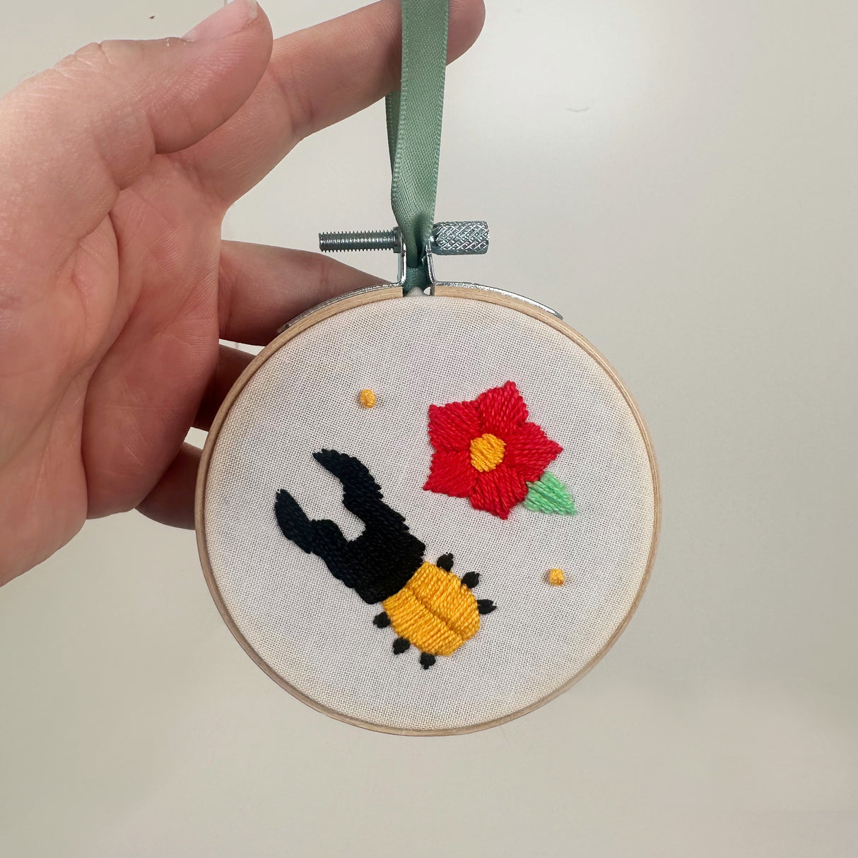 Embroidery Hoop Ornament with Yellow Beetle & Flower | Dangit Design