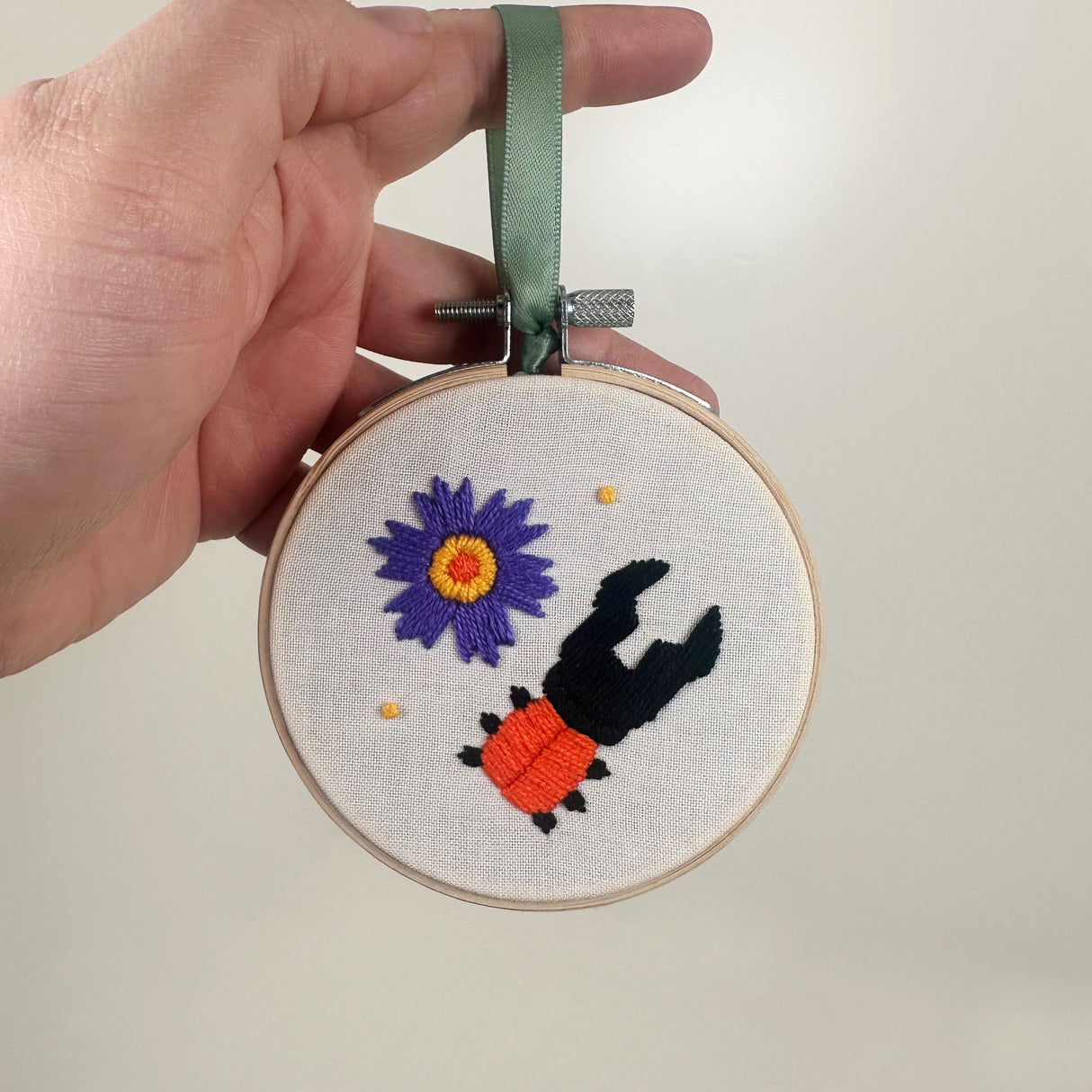 Embroidery Hoop Ornament with Light Red Beetle & Flower | Dangit Design