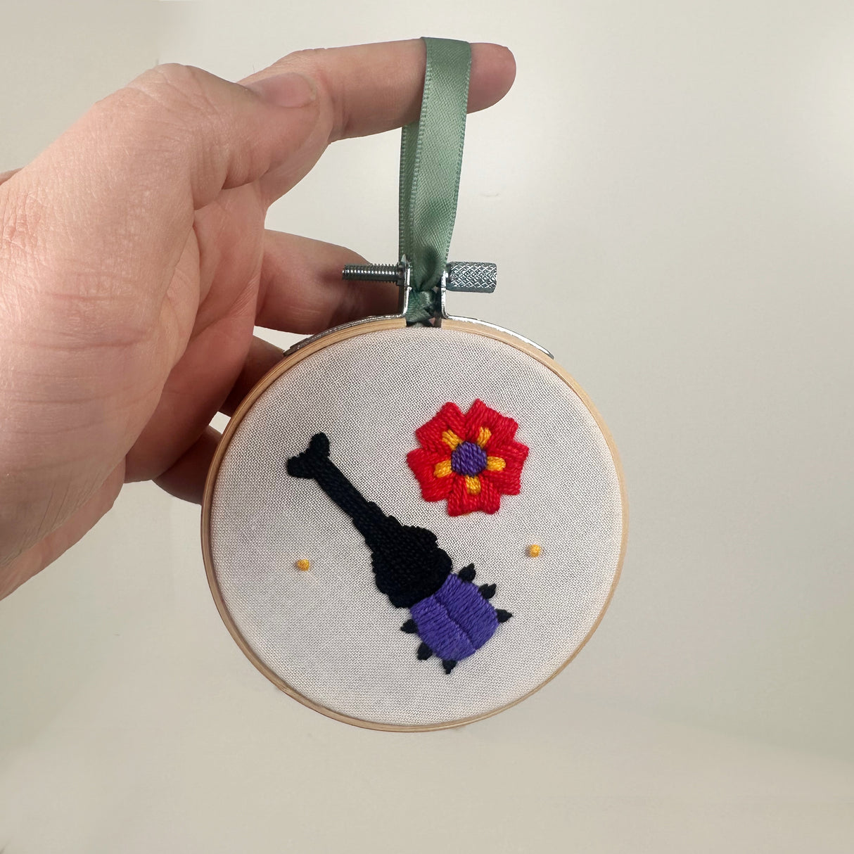 Embroidery Hoop Ornament with Purple Beetle & Flower | Dangit Design