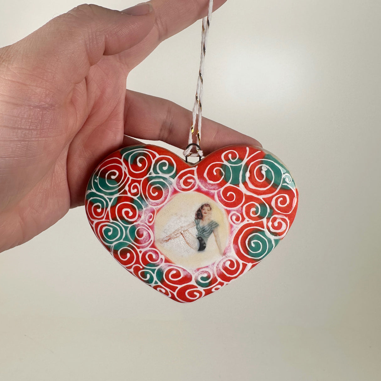 Pin Up Girl Red & Green Heart Ceramic Ornament | Shop Maranda