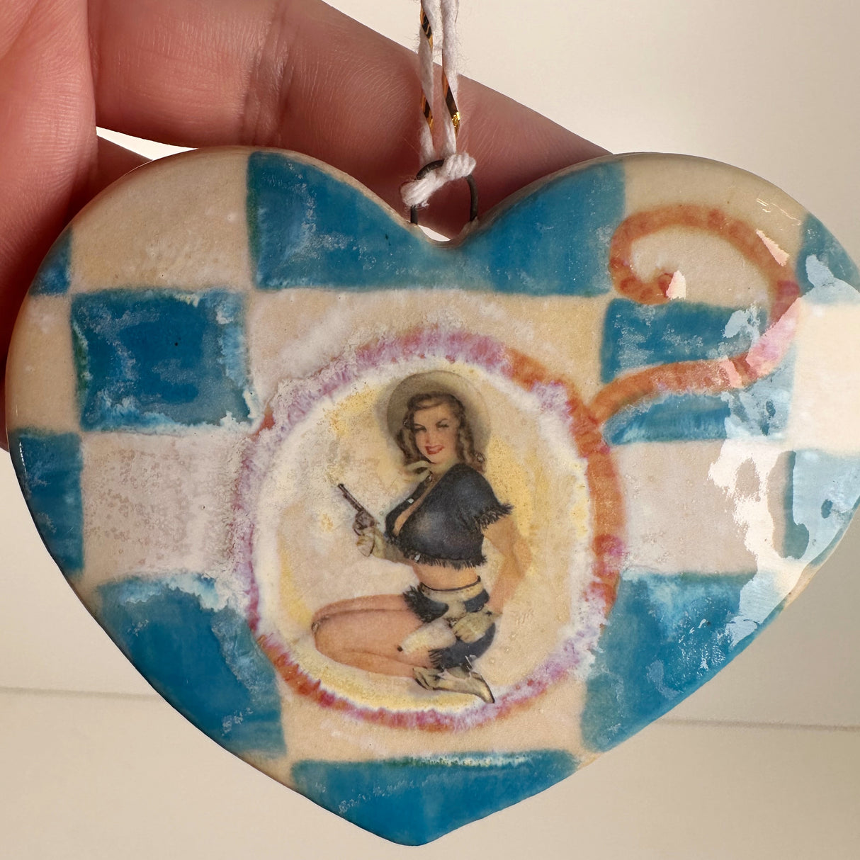 Pin Up Girl Blue Check Heart Ceramic Ornament | Shop Maranda