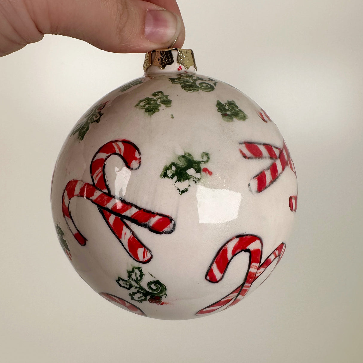 Candy Cane & Holly Ceramic Globe Ornament | Sherry Strickland