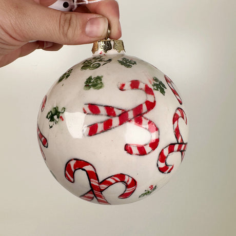 Candy Cane & Holly Ceramic Globe Ornament | Sherry Strickland