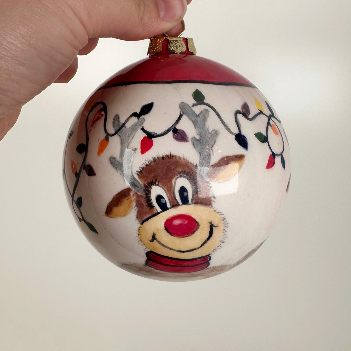 Reindeer & Christmas Lights Ceramic Globe Ornament | Sherry Strickland
