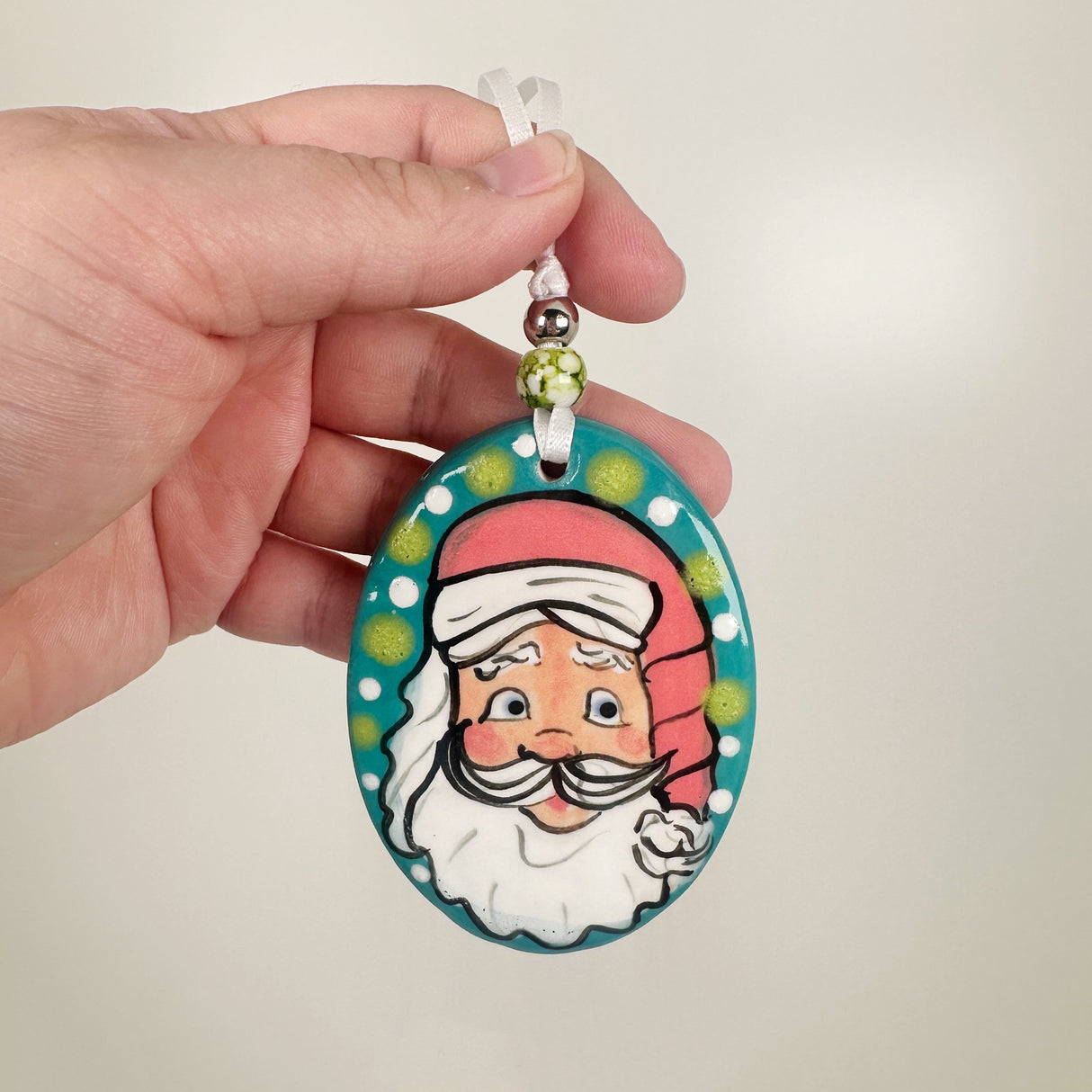 Handpainted Turquoise Oval Santa Ceramic Ornament | Poppy Chick Studio