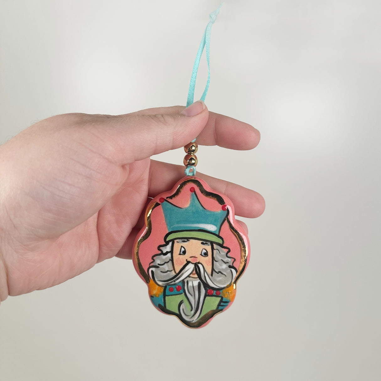 Handpainted Pink Scalloped Oval Nutcracker Ornament with 22k Gold | Poppy Chick Studio