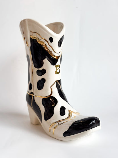 Monogrammed Cow Print Cowboy Boot Vase