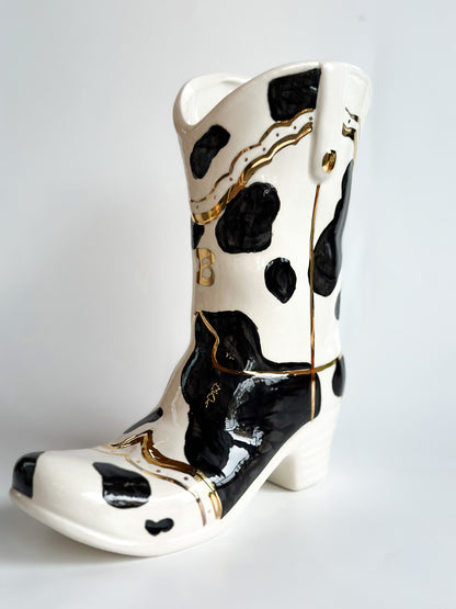 Monogrammed Cow Print Cowboy Boot Vase