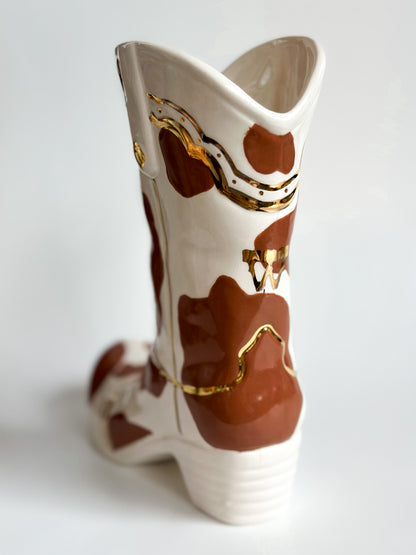 Monogrammed Cow Print Cowboy Boot Vase