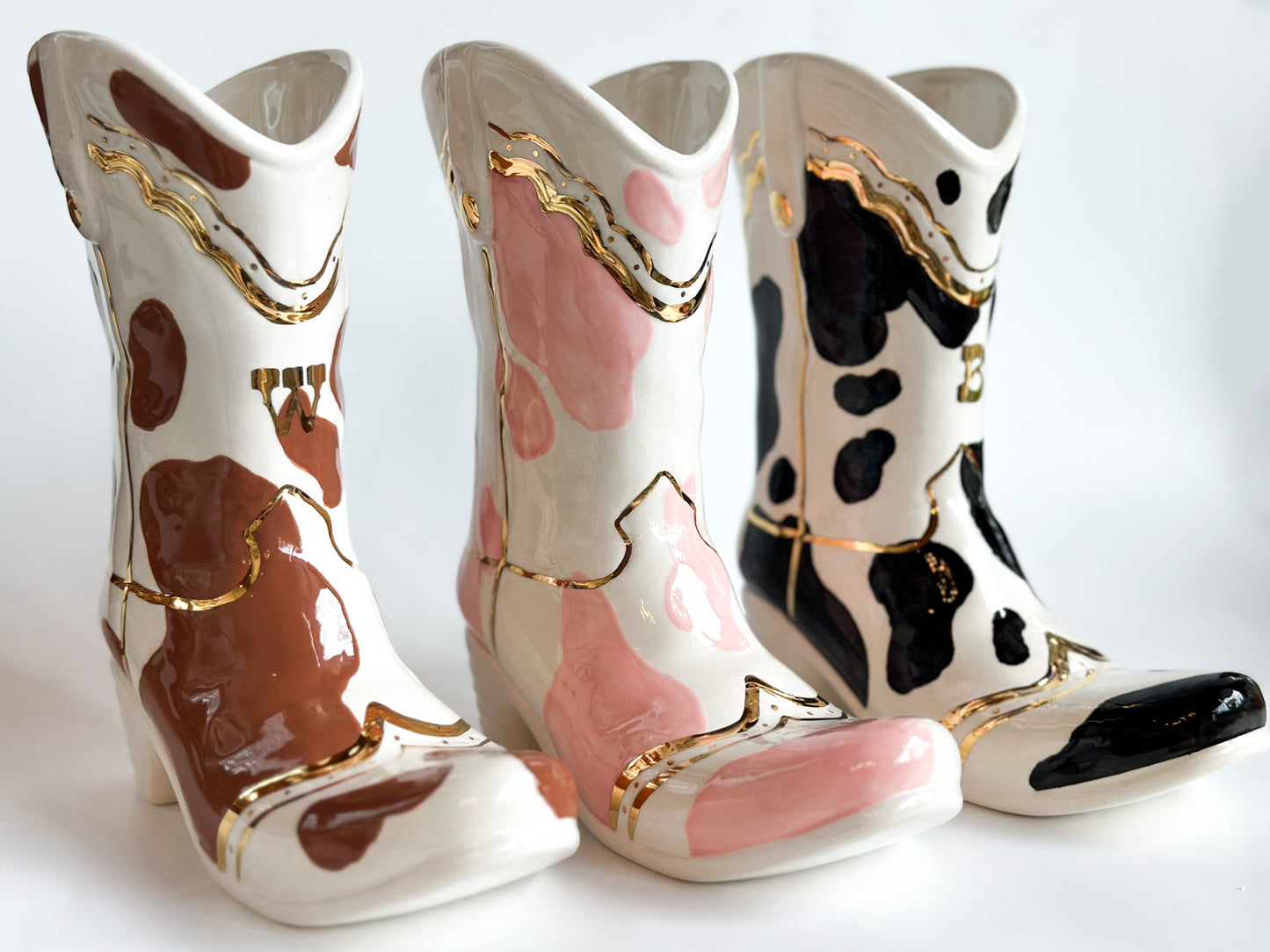 Monogrammed Cow Print Cowboy Boot Vase