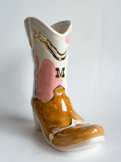 Monogrammed Two Tone Cow Print Cowboy Boot Vase