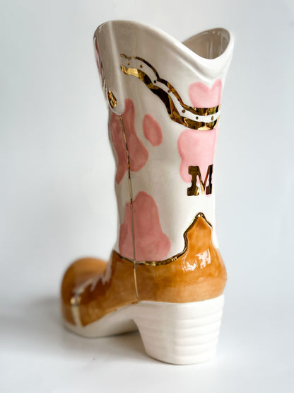 Monogrammed Two Tone Cow Print Cowboy Boot Vase