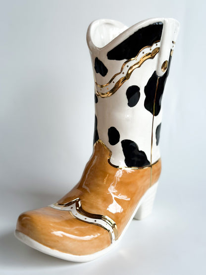 Two Tone Cow Print Cowboy Boot Vase