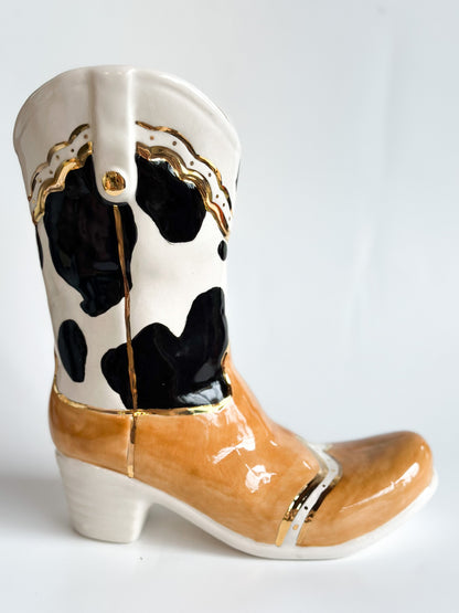 Monogrammed Two Tone Cow Print Cowboy Boot Vase