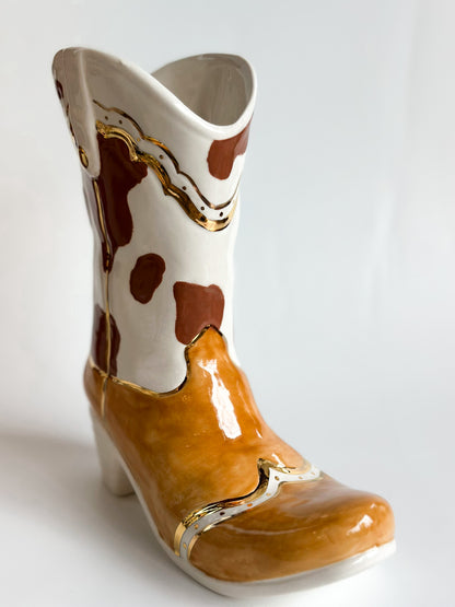 Two Tone Cow Print Cowboy Boot Vase