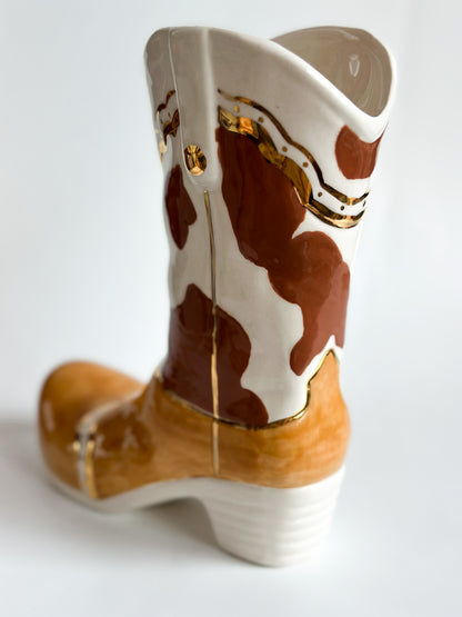 Two Tone Cow Print Cowboy Boot Vase