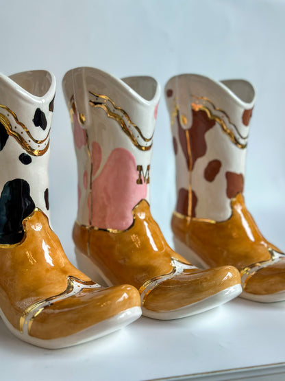 Monogrammed Two Tone Cow Print Cowboy Boot Vase