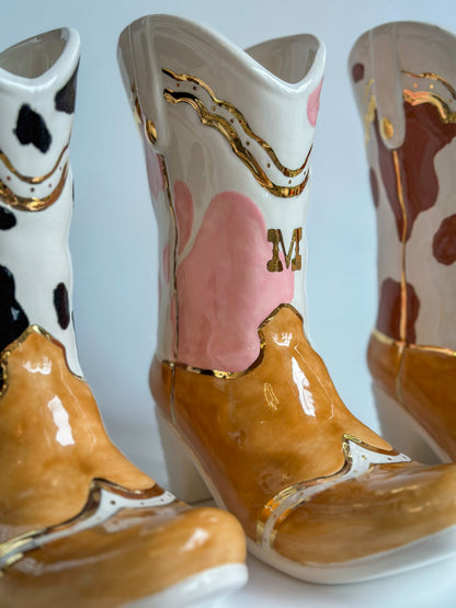 Monogrammed Two Tone Cow Print Cowboy Boot Vase