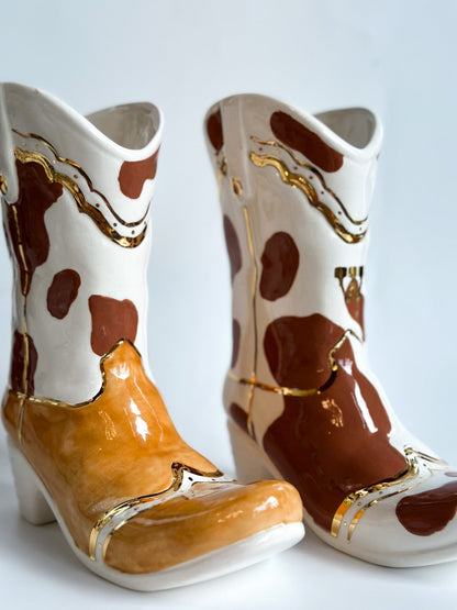 Two Tone Cow Print Cowboy Boot Vase | Wholesale