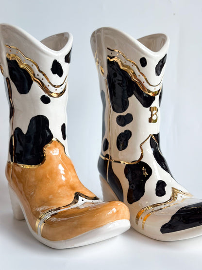 Two Tone Cow Print Cowboy Boot Vase | Wholesale