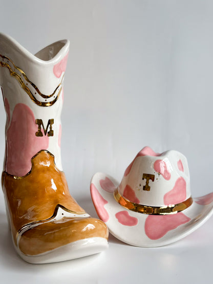 Monogrammed Two Tone Cow Print Cowboy Boot Vase