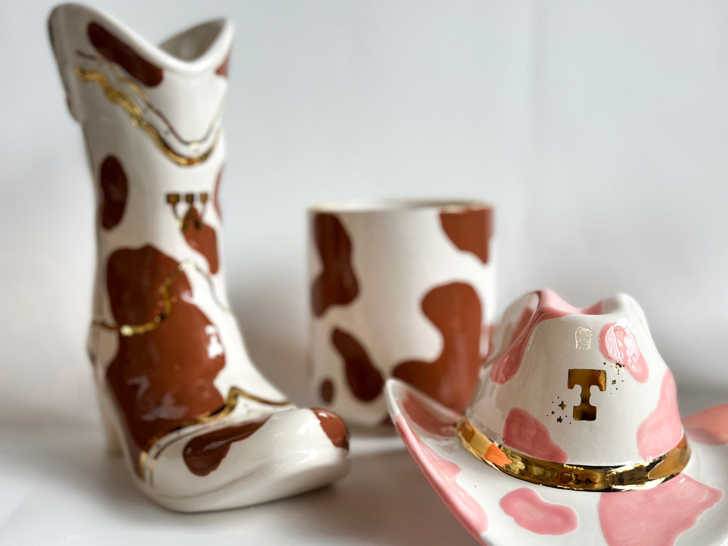 Monogrammed Cow Print Cowboy Boot Vase