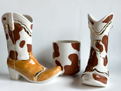 Two Tone Cow Print Cowboy Boot Vase | Wholesale