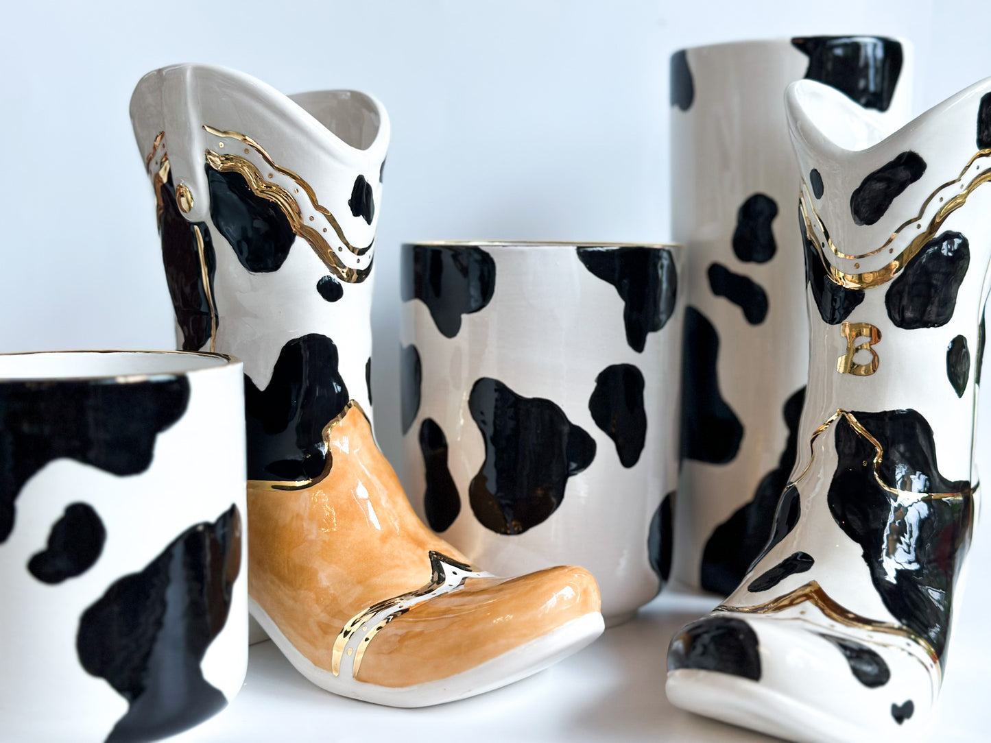 Two Tone Cow Print Cowboy Boot Vase