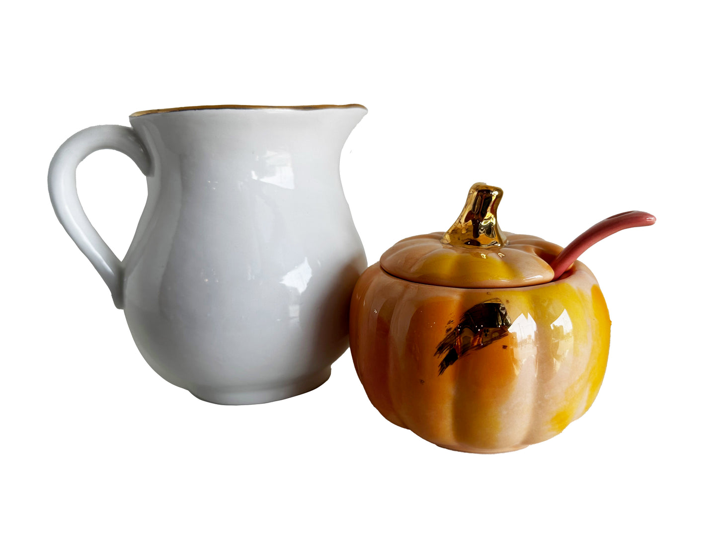 Pumpkin Sugar Pot, Spoon, and Creamer