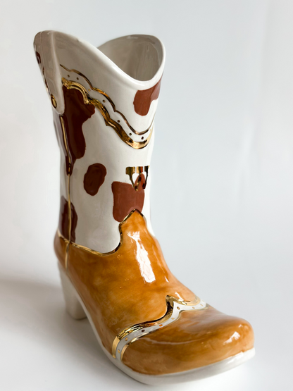 Monogrammed Two Tone Cow Print Cowboy Boot Vase