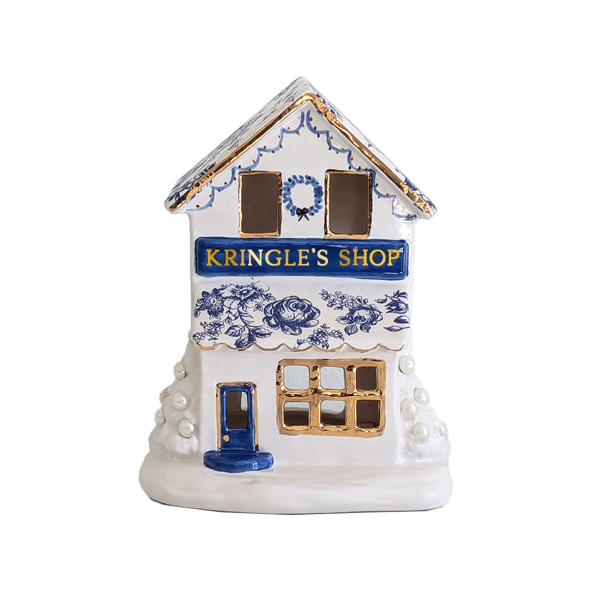 Blue and White Toile Kringle Shop with 22K Gold Accents