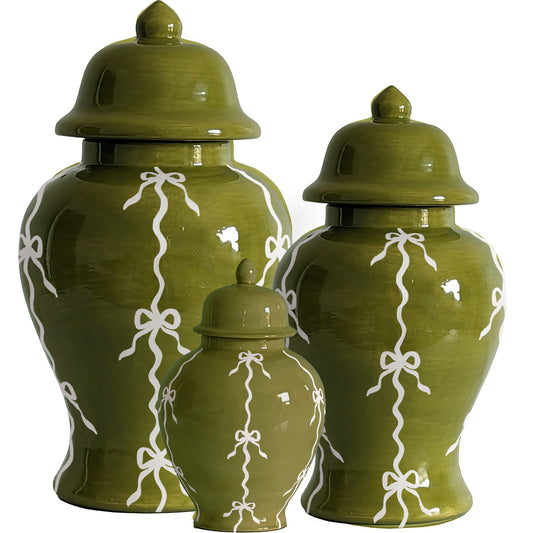 Bow Stripe Ginger Jars in Moss Green | Wholesale