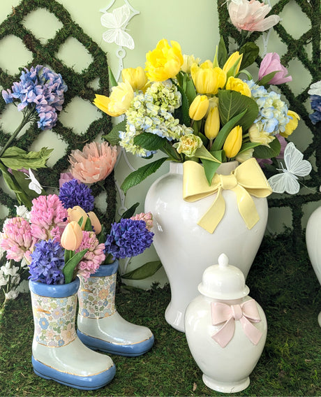 Ginger Jars with Sculpted Ceramic Bow in Lemon Sorbet