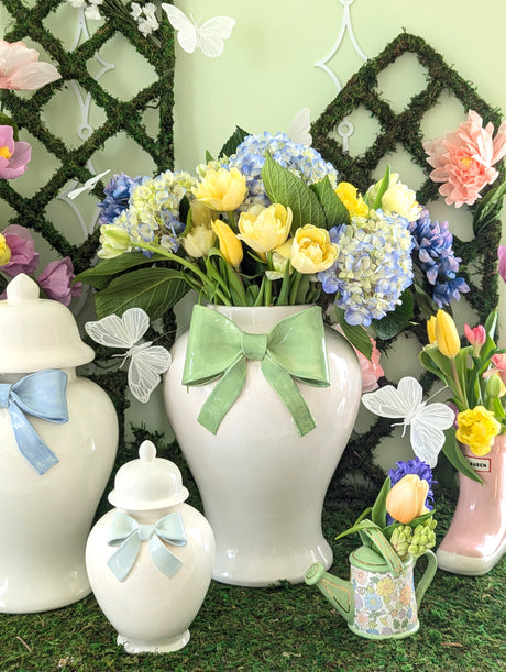 Ginger Jars with Sculpted Ceramic Bow in French Blue