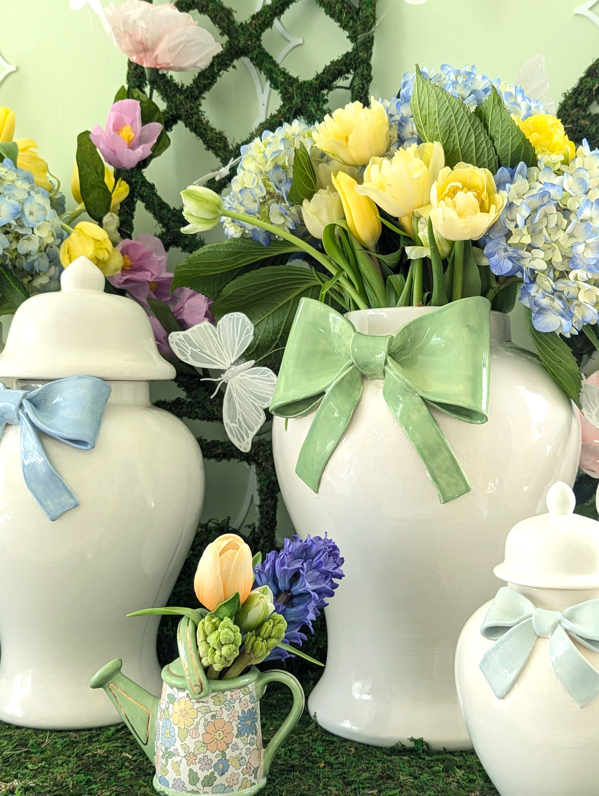 Ginger Jars with Sculpted Ceramic Bow in Robin's Egg