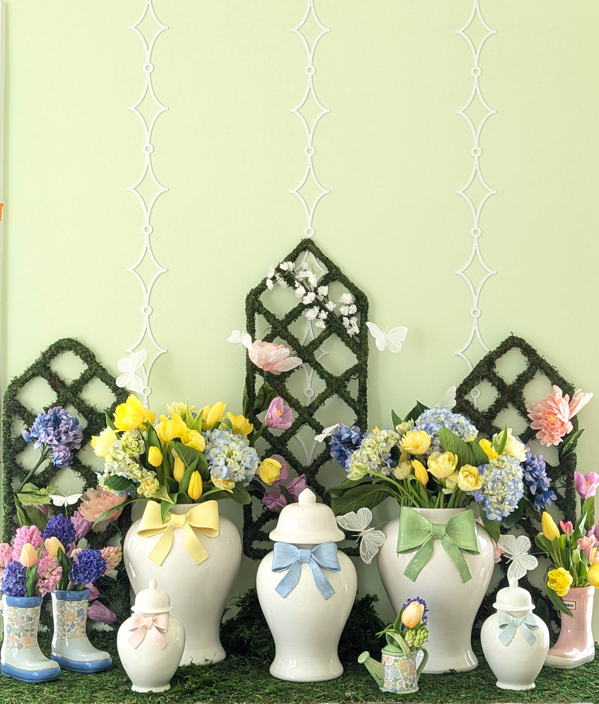 Ginger Jars with Sculpted Ceramic Bow in Robin's Egg