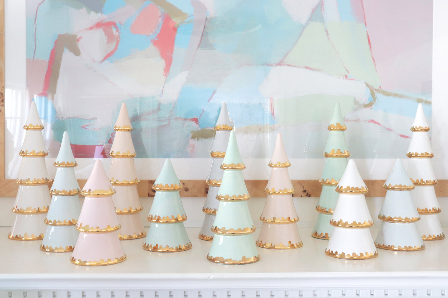 White Tiered Christmas Trees with 22K Gold Brushstroke Accent