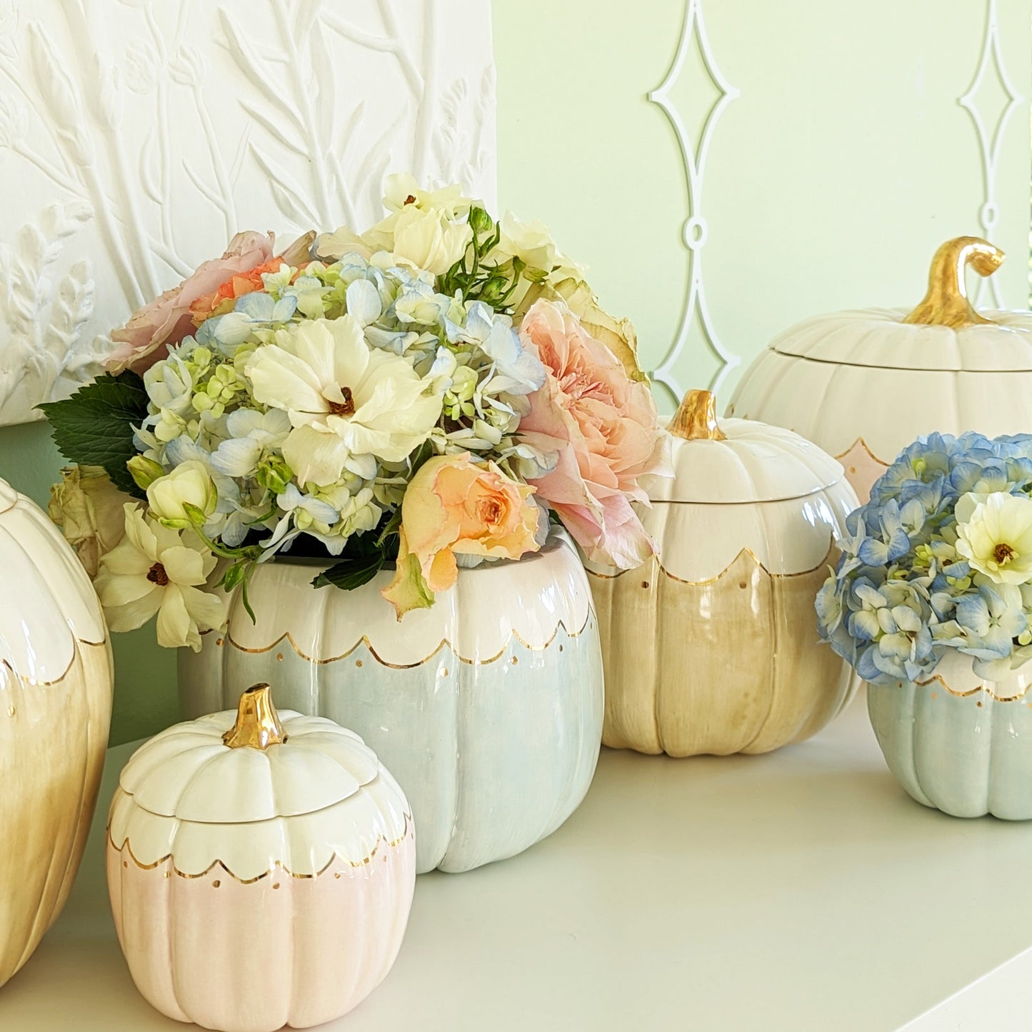 Scalloped Pumpkin Jars with 22K Gold Accents in Light Blue