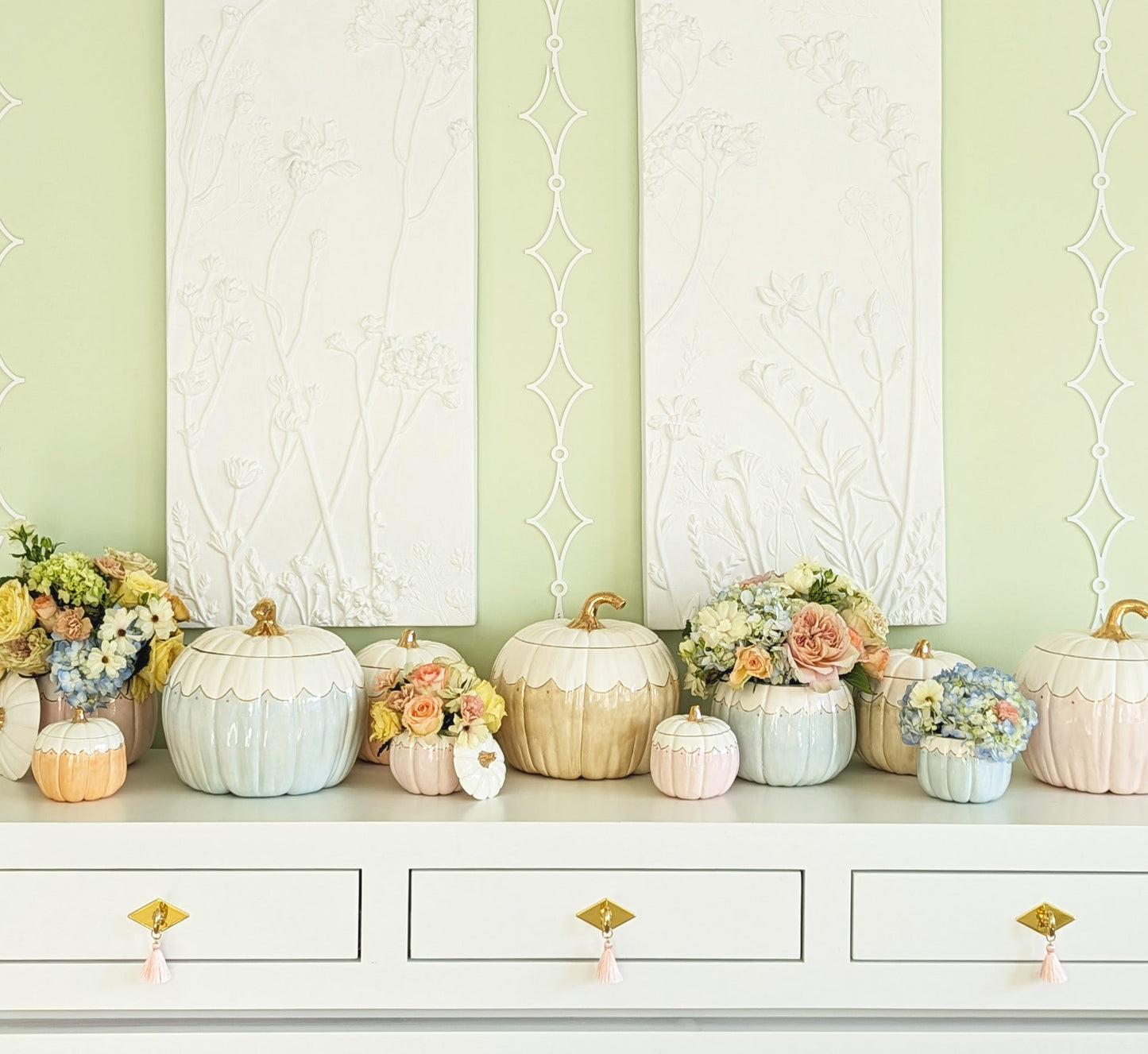 Scalloped Pumpkin Jars with 22K Gold Accents in Tan