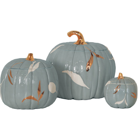 Layered Leaves Pumpkin Jars with 22K Gold Accents in Lamb's Ear Blue | Wholesale