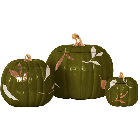Layered Leaves Pumpkin Jars with 22K Gold Accents in Moss Green | Wholesale