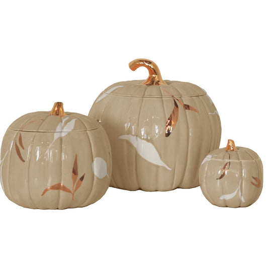 Layered Leaves Pumpkin Jars with 22K Gold Accents in Sand | Wholesale